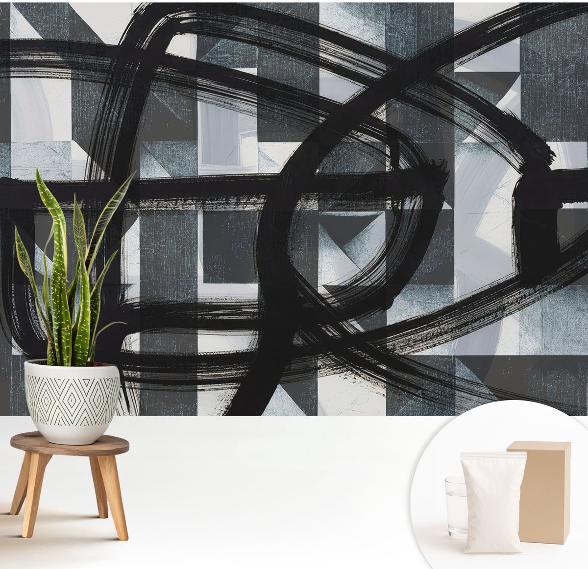 Wallfluent Fotobehang - Zwart Vliesbehang - 208x146 cm - Expressieve Geometrie Muurschildering - Slaapkamer behang Abstractie - Fotobehang Vlies - Gang behang