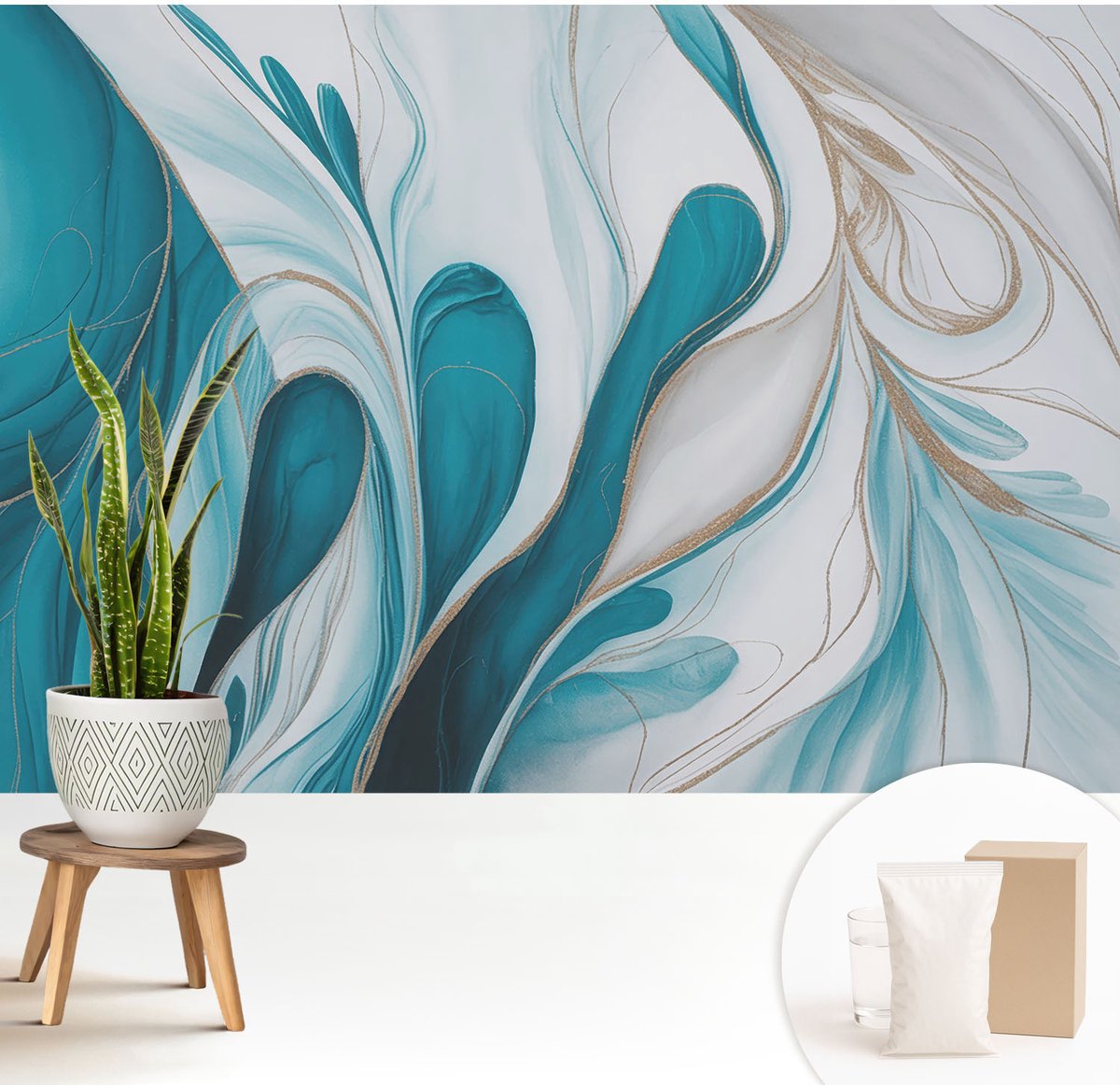 Wallfluent Fotobehang - Turkoois Vliesbehang - 208x146 cm - Vloeistofpatronen Muurschildering - Gang behang Abstractie - Fotobehang Vlies - Slaapkamer behang