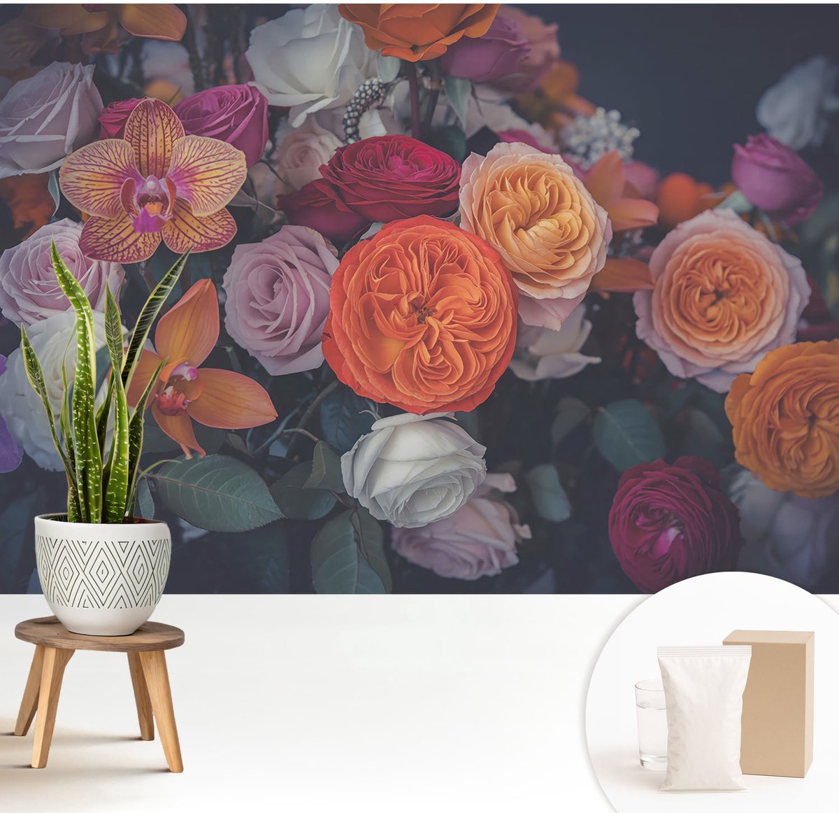 Wallfluent Fotobehang - Oranje Vliesbehang - 208x146 cm - Kleurrijk Boeket Fotobehang Vlies - Woonkamer behang Bloemen En Planten - Muurschildering - Woonkamer behang