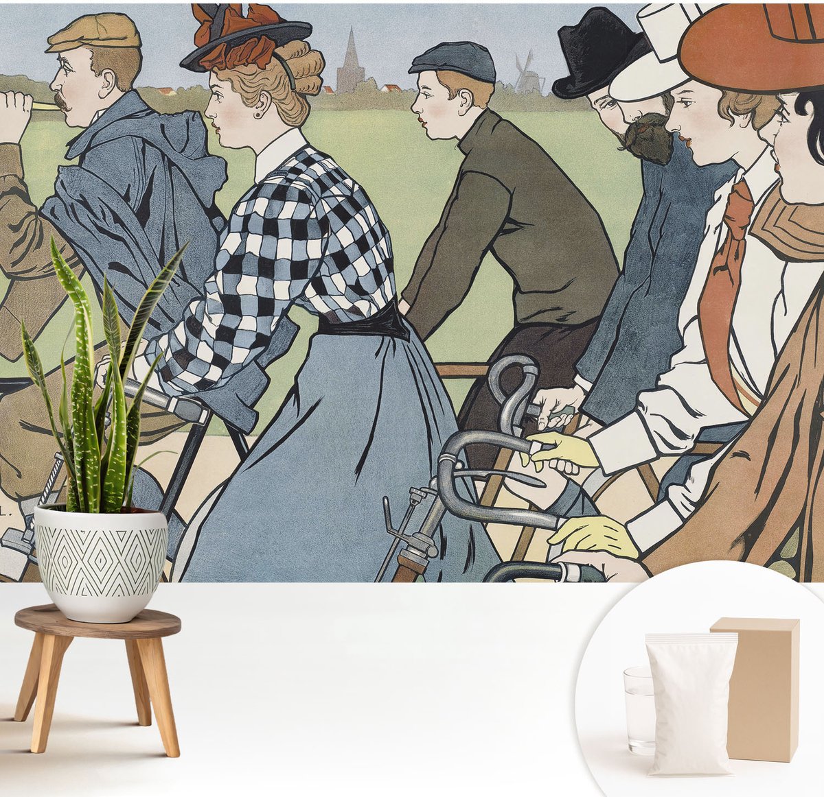 Wallfluent Fotobehang - Wit Vliesbehang - 208x146 cm - Vintage Fietsers Fotobehang Vlies - Woonkamer behang Mensen - Muurschildering - Woonkamer behang