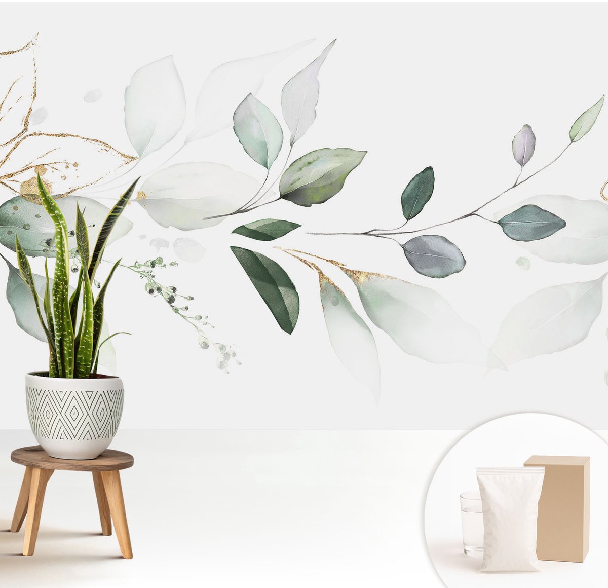 Wallfluent Fotobehang - Wit Vliesbehang - 208x146 cm - Groene Bladeren Fotobehang Vlies - Hal behang Bloemen En Planten - Muurschildering - Hal behang