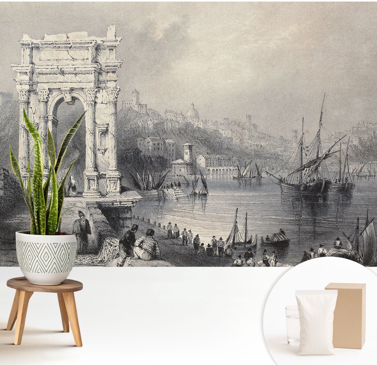 Wallfluent Fotobehang - Grijs Vliesbehang - 208x146 cm - Zeegezicht Muurschildering - Gang behang Architectuur - Fotobehang Vlies - Gang behang