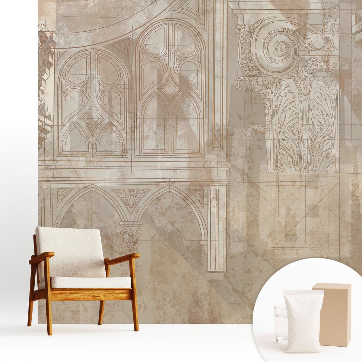 Wallfluent Fotobehang - Wit Vliesbehang - 250x250 cm - Historische Ornamenten Fotobehang Vlies - Woonkamer behang Architectuur - Muurschildering - Woonkamer behang