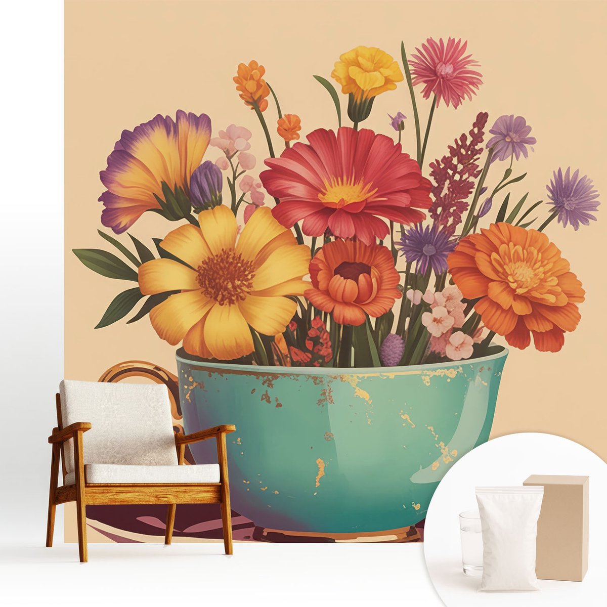 Wallfluent Fotobehang - Beige Vliesbehang - 250x250 cm - Een Kleurrijk Boeket Muurschildering - Gang behang Bloemen En Planten - Fotobehang Vlies - Slaapkamer behang