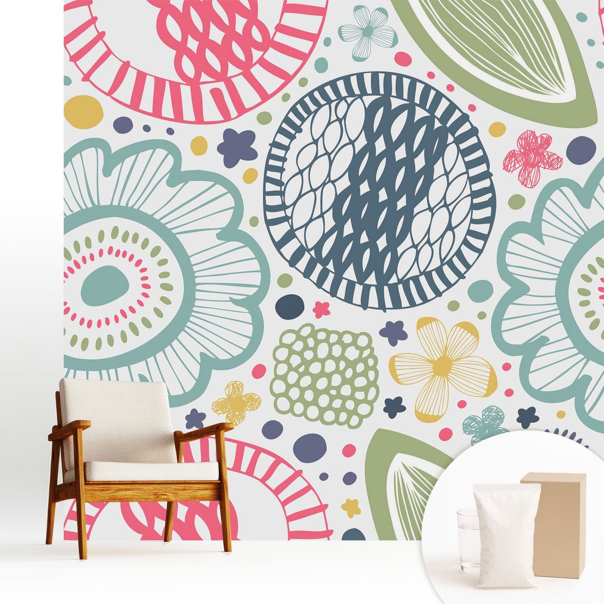 Wallfluent Fotobehang - Blauw Vliesbehang - 250x250 cm - Bloemmotieven Fotobehang Vlies - Hal behang Bloemen En Planten - Muurschildering - Woonkamer behang