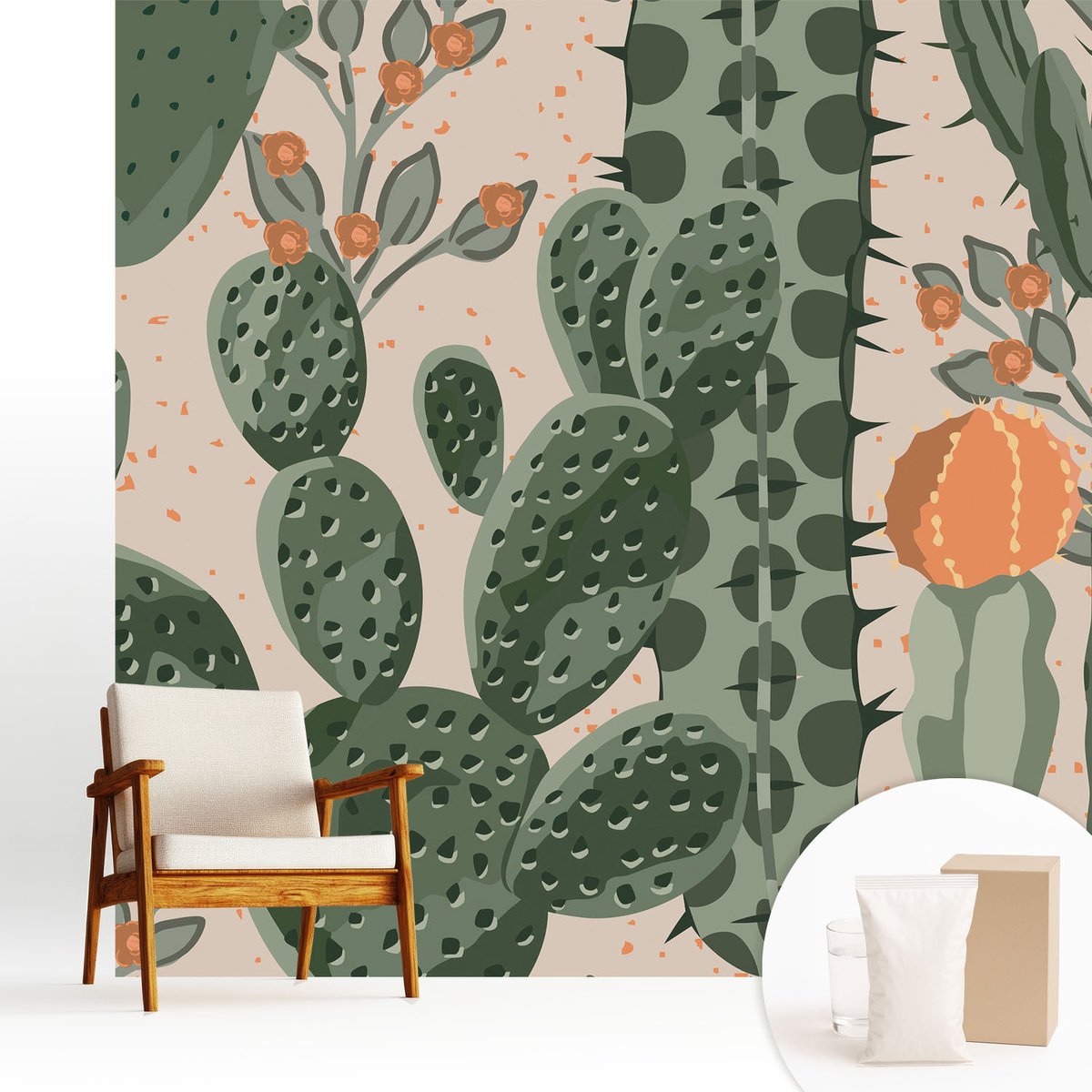 Wallfluent Fotobehang - Groente Vliesbehang - 250x250 cm - Groene Cactussen Fotobehang Vlies - Hal behang Bloemen En Planten - Muurschildering - Woonkamer behang