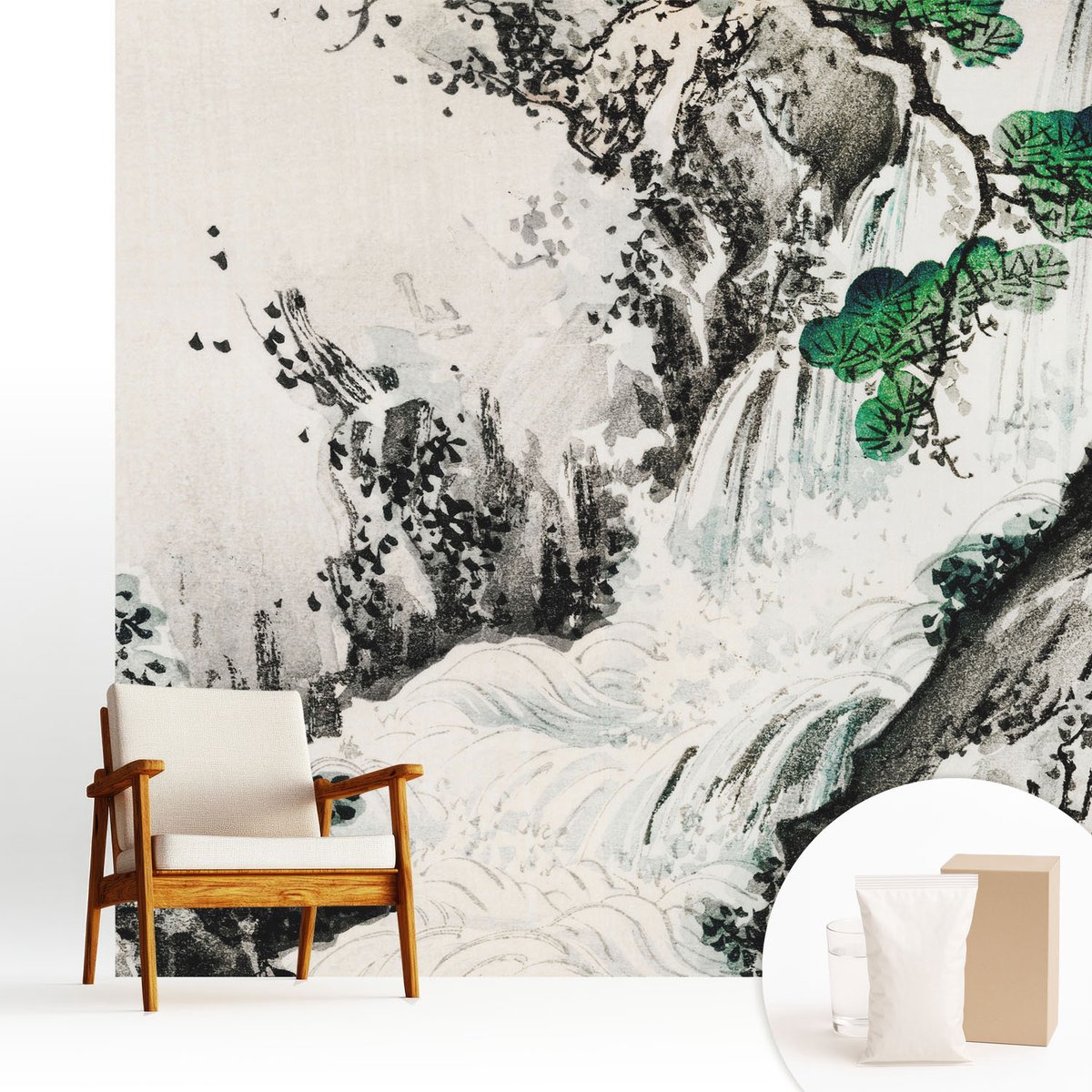 Wallfluent Fotobehang - Zwart-Wit Vliesbehang - 250x250 cm - Natuurlijke Waterval Fotobehang Vlies - Woonkamer behang Landschappen - Muurschildering - Woonkamer behang