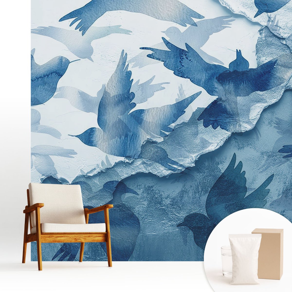 Wallfluent Fotobehang - Blauw Vliesbehang - 250x250 cm - Dynamische Vogels Muurschildering - Slaapkamer behang Dieren - Fotobehang Vlies - Gang behang