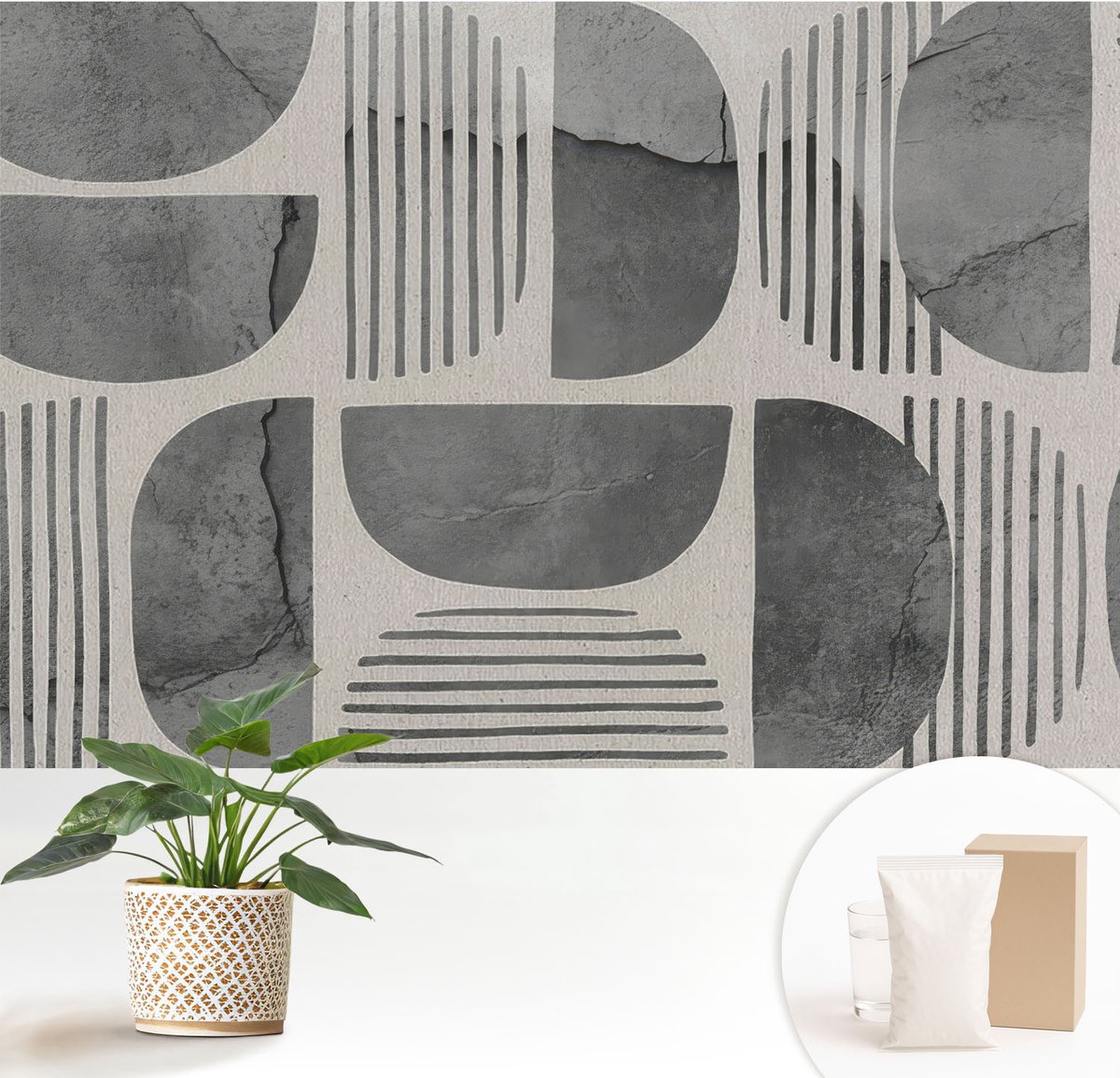 Wallfluent Fotobehang - Grijs Vliesbehang - 152x104 cm - Geometrische Vormen Muurschildering - Gang behang Abstractie - Fotobehang Vlies - Slaapkamer behang