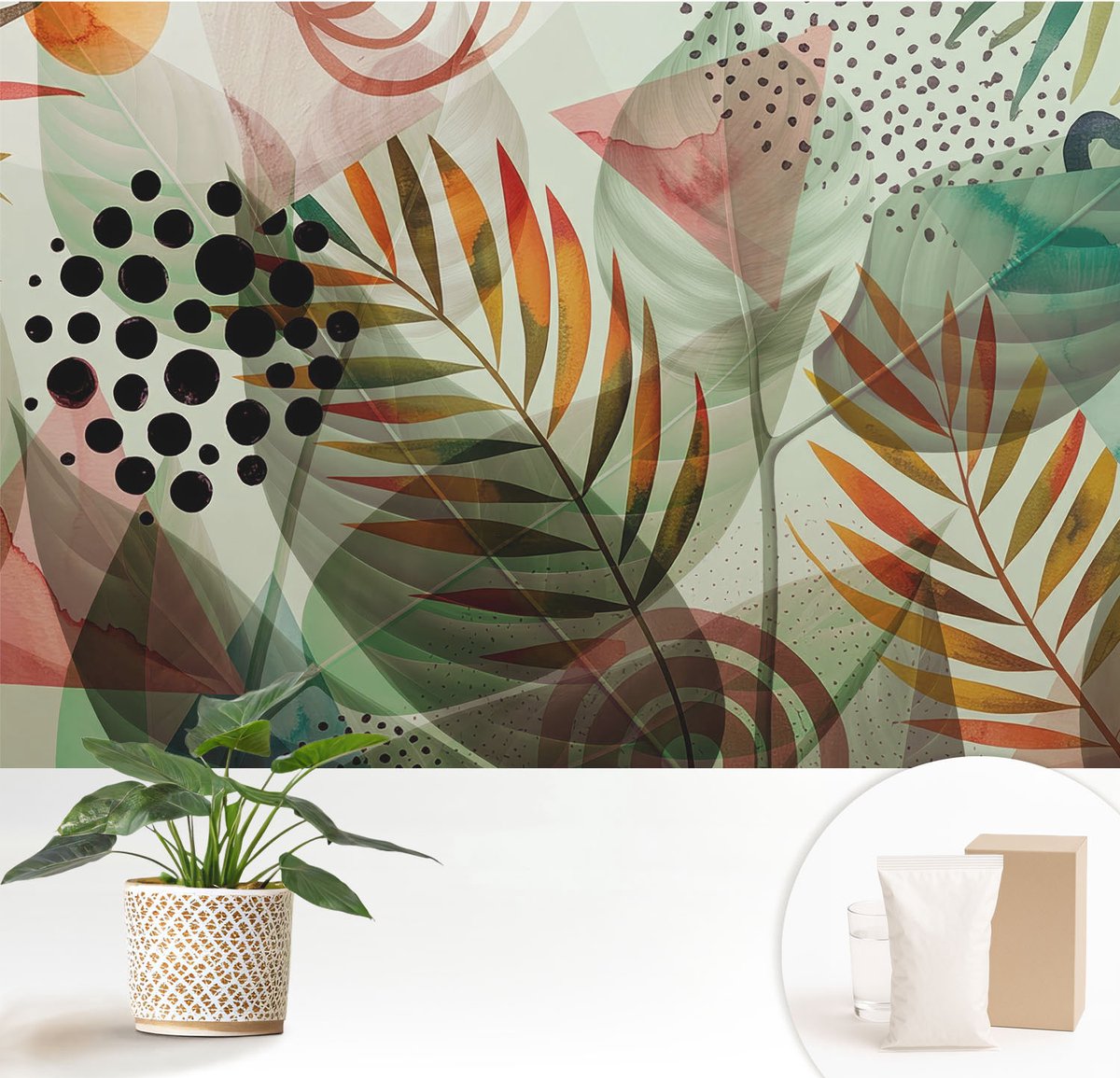 Wallfluent Fotobehang - Groente Vliesbehang - 152x104 cm - Abstracte Bladeren Fotobehang Vlies - Woonkamer behang Bloemen En Planten - Muurschildering - Woonkamer behang