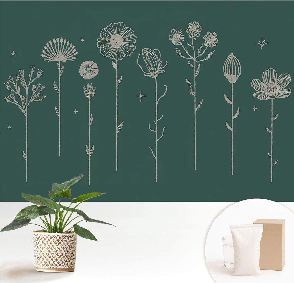 Wallfluent Fotobehang - Groente Vliesbehang - 152x104 cm - Subtiele Bloemen Muurschildering - Slaapkamer behang Bloemen En Planten - Fotobehang Vlies - Slaapkamer behang