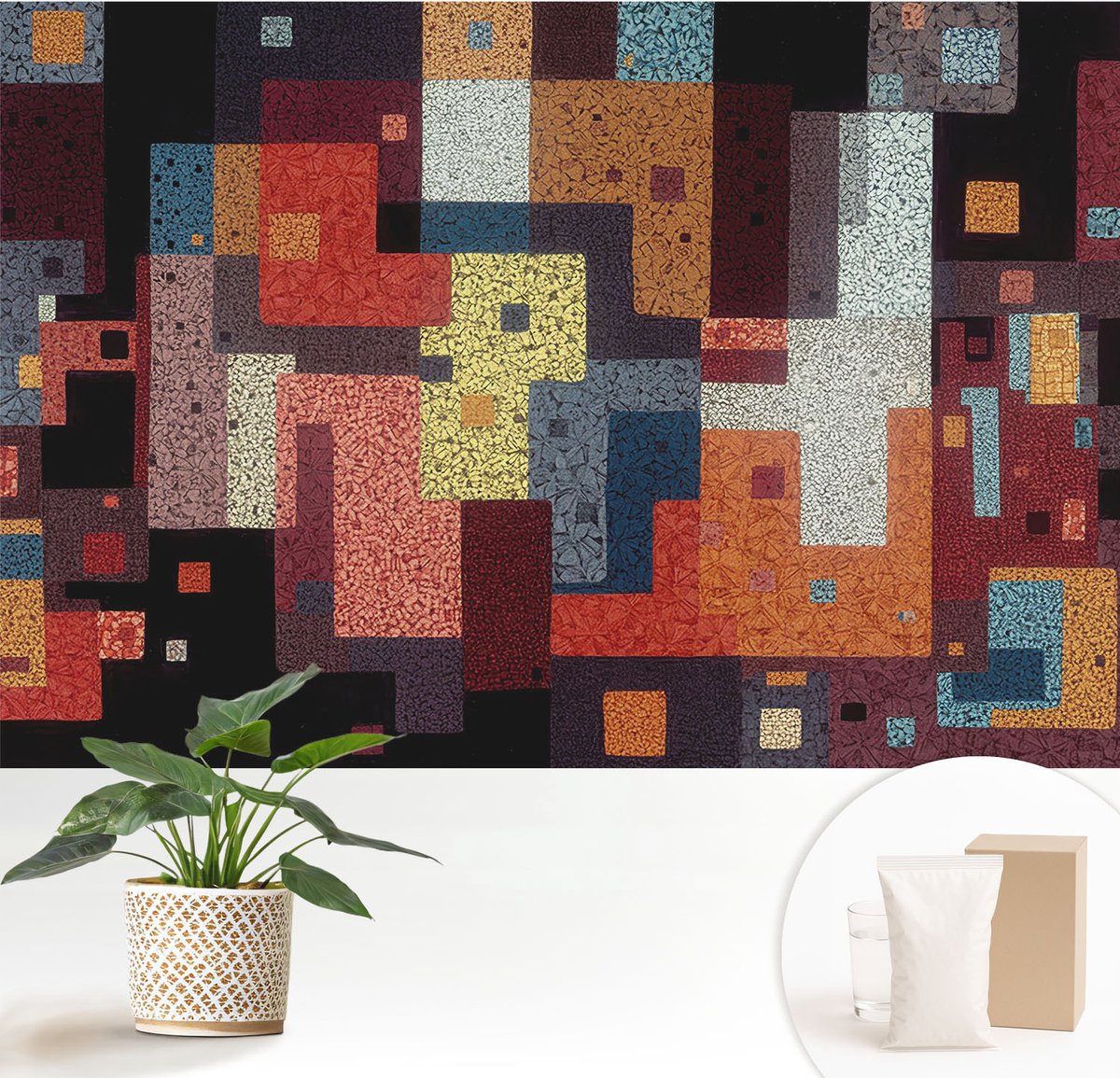 Wallfluent Fotobehang - Zwart Vliesbehang - 152x104 cm - Kleurrijke Vormen Muurschildering - Gang behang Abstractie - Fotobehang Vlies - Slaapkamer behang