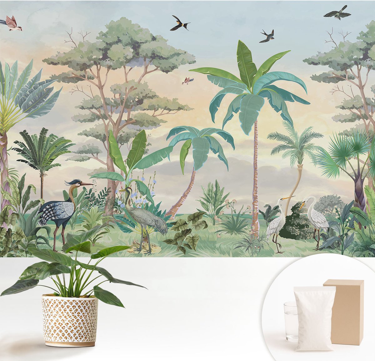 Wallfluent Fotobehang - Zwart Vliesbehang - 152x104 cm - Exotische Flora Muurschildering - Gang behang Bloemen En Planten - Fotobehang Vlies - Slaapkamer behang