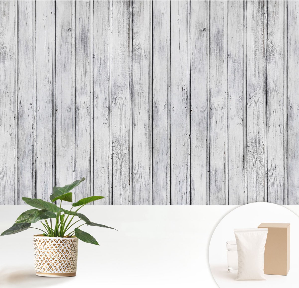 Wallfluent Fotobehang - Wit Vliesbehang - 152x104 cm - Houten Planken Fotobehang Vlies - Woonkamer behang Texturen - Muurschildering - Hal behang