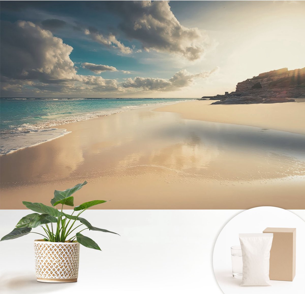 Wallfluent Fotobehang - Blauw Vliesbehang - 152x104 cm - Zonnige Kust Fotobehang Vlies - Hal behang Landschappen - Muurschildering - Woonkamer behang