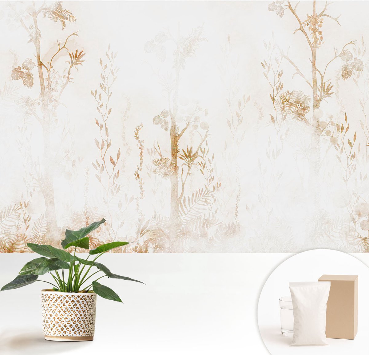 Wallfluent Fotobehang - Wit Vliesbehang - 152x104 cm - Botanische Elegantie Muurschildering - Gang behang Bloemen En Planten - Fotobehang Vlies - Slaapkamer behang