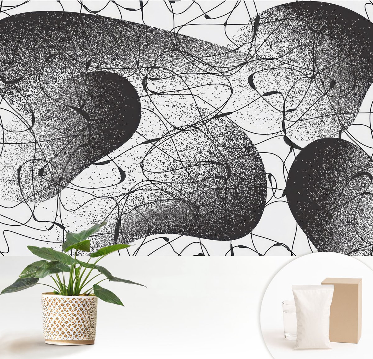 Wallfluent Fotobehang - Zwart Vliesbehang - 152x104 cm - Abstract Patroon Muurschildering - Gang behang Abstractie - Fotobehang Vlies - Slaapkamer behang