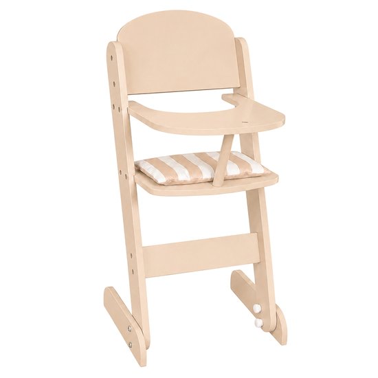 Beige houten poppenstoel met dienblad en gestreept kussen. De stoel is van 52cm hoog.