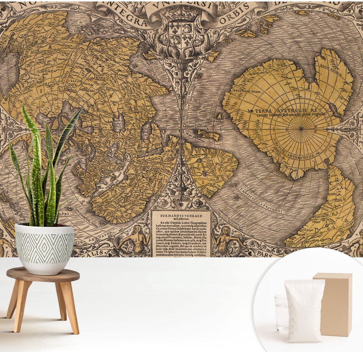 Wallfluent Fotobehang - Geel Vliesbehang - 208x146 cm - Historische Cartografie Muurschildering - Gang behang Kaarten - Fotobehang Vlies - Slaapkamer behang