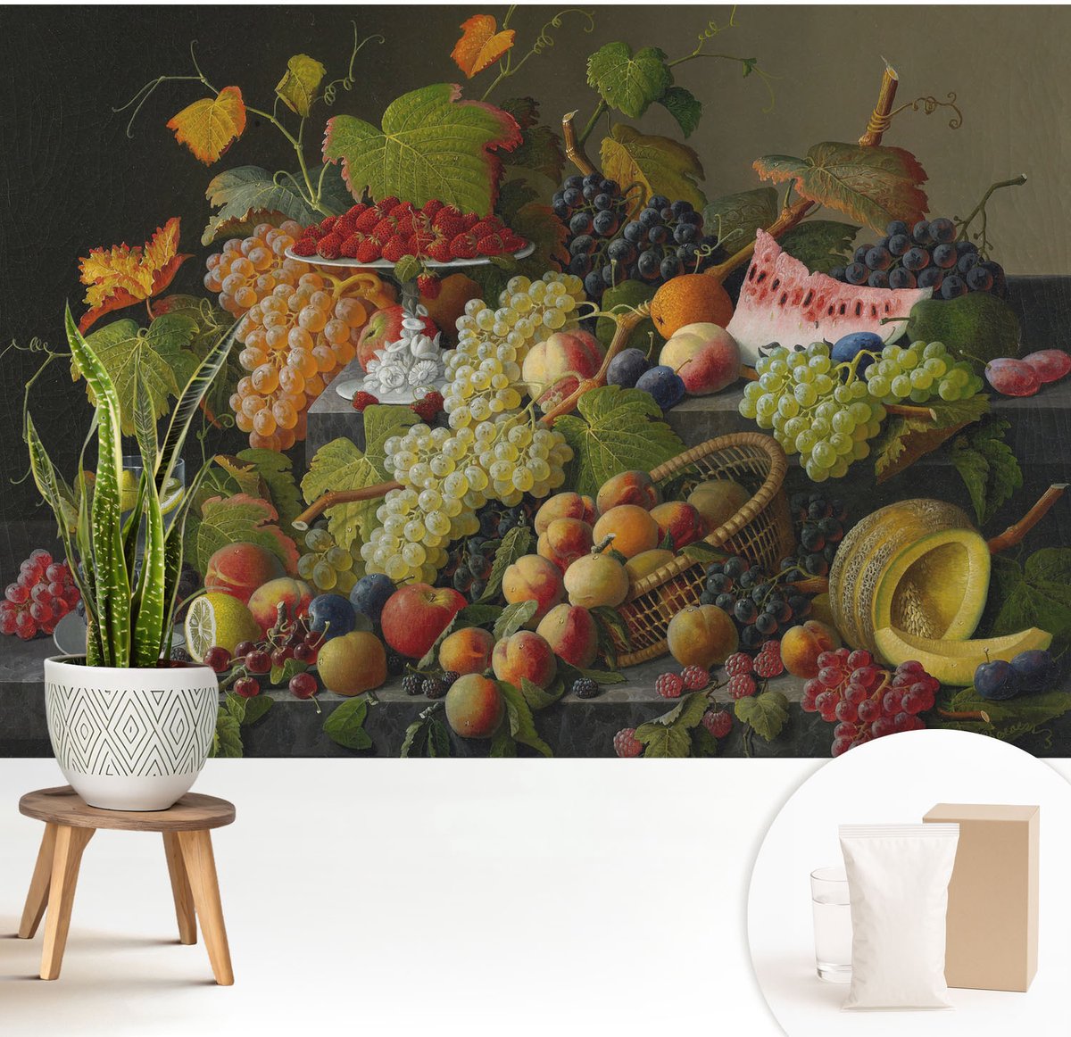 Wallfluent Fotobehang - Wit Vliesbehang - 208x146 cm - Fruitsamenstelling Fotobehang Vlies - Hal behang Voedsel - Muurschildering - Woonkamer behang