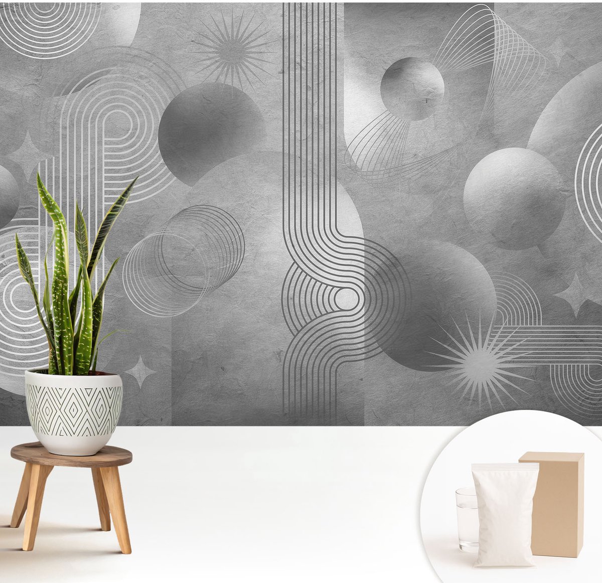 Wallfluent Fotobehang - Grijs Vliesbehang - 208x146 cm - Abstracte Elegantie Fotobehang Vlies - Hal behang Abstractie - Muurschildering - Woonkamer behang