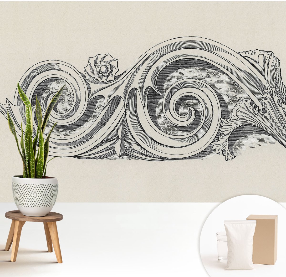 Wallfluent Fotobehang - Zwart-Wit Vliesbehang - 208x146 cm - Plantenornament Muurschildering - Slaapkamer behang Deel - Fotobehang Vlies - Slaapkamer behang