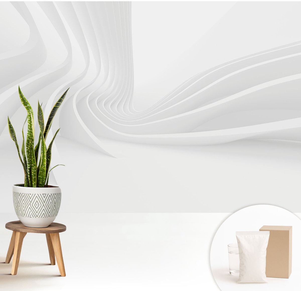 Wallfluent Fotobehang - Wit Vliesbehang - 208x146 cm - Golvende Lijnen Fotobehang Vlies - Hal behang Abstractie - Muurschildering - Hal behang