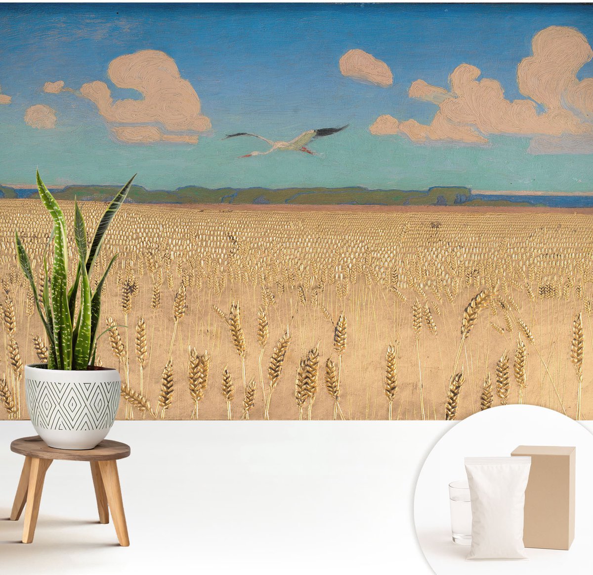 Wallfluent Fotobehang - Wit Vliesbehang - 208x146 cm - Tarweveld Fotobehang Vlies - Hal behang Landschappen - Muurschildering - Woonkamer behang