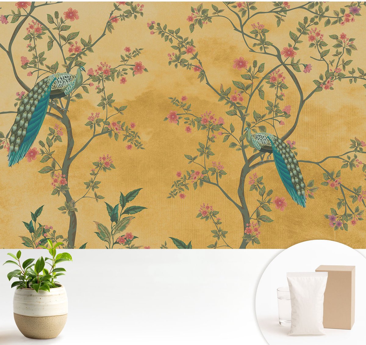 Wallfluent Fotobehang - Geel Vliesbehang - 104x70 cm - Pauwenbomen Muurschildering - Gang behang Bloemen En Planten - Fotobehang Vlies - Gang behang