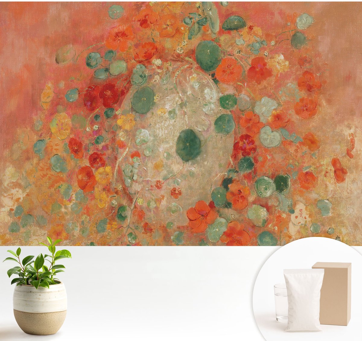 Wallfluent Fotobehang - Oranje Vliesbehang - 104x70 cm - Abstracte Bloemen Muurschildering - Slaapkamer behang Bloemen En Planten - Fotobehang Vlies - Slaapkamer behang
