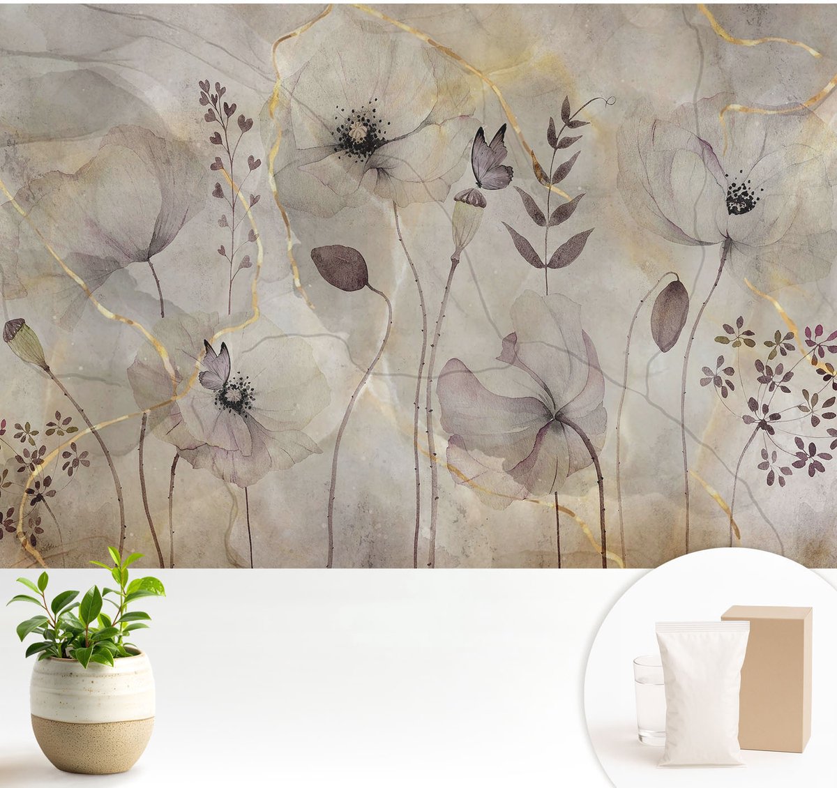 Wallfluent Fotobehang - Grijs Vliesbehang - 104x70 cm - Tere Bloemen Muurschildering - Gang behang Bloemen En Planten - Fotobehang Vlies - Gang behang