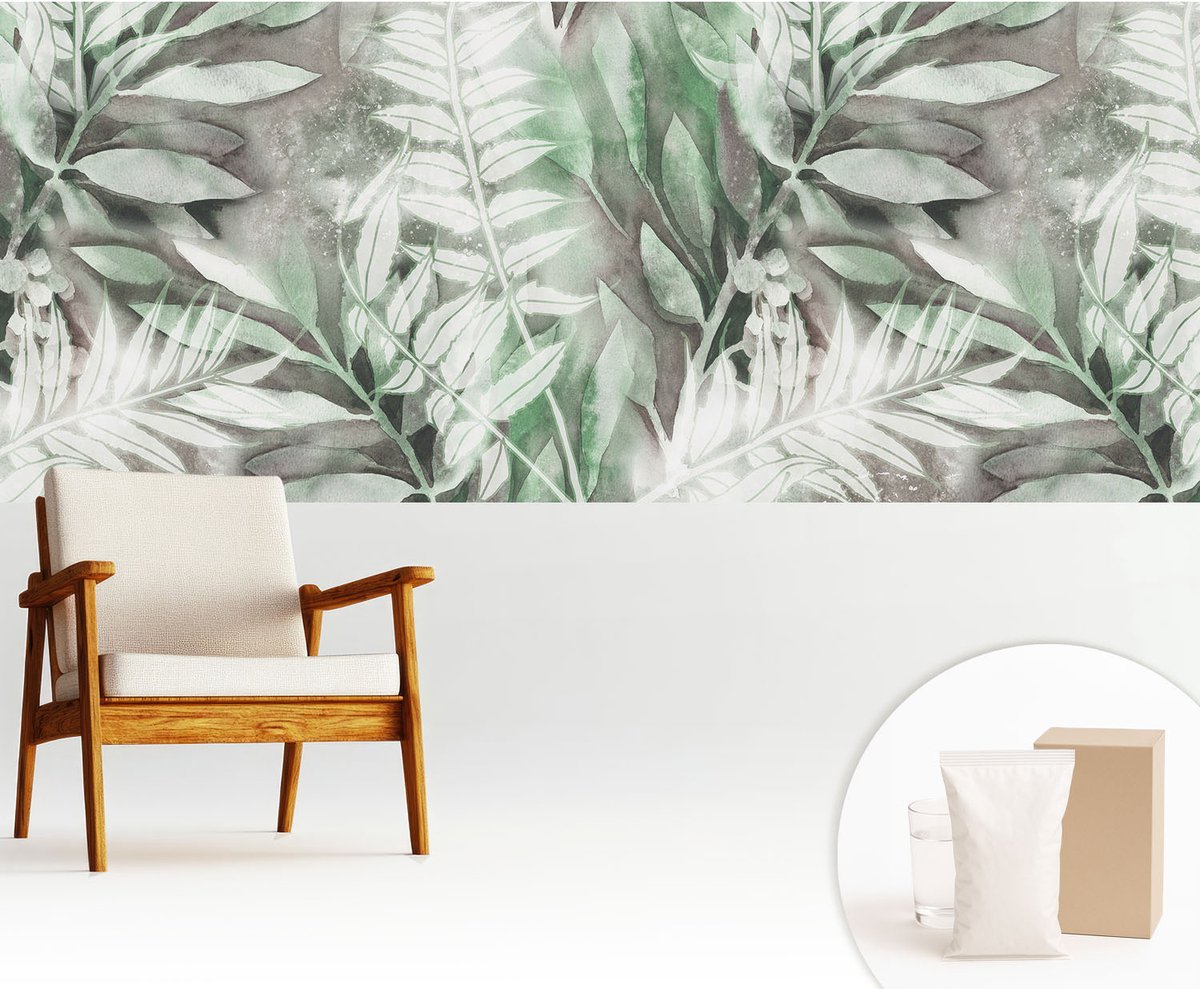 Wallfluent Fotobehang - Groente Vliesbehang - 250x104 cm - Aquarelbladeren Muurschildering - Gang behang Bloemen En Planten - Fotobehang Vlies - Slaapkamer behang