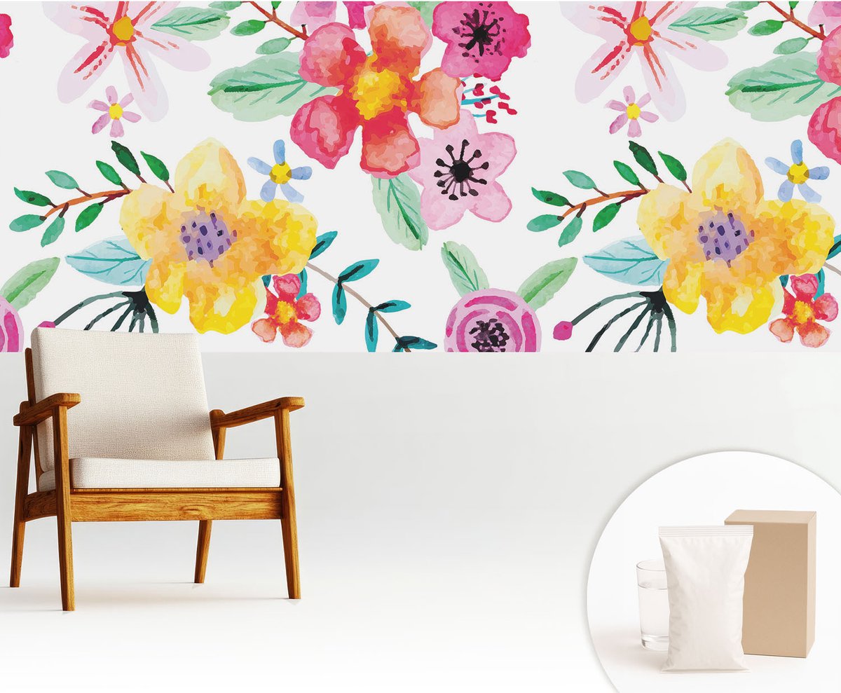 Wallfluent Fotobehang - Wit Vliesbehang - 250x104 cm - Bloemige Frisheid Muurschildering - Gang behang Bloemen En Planten - Fotobehang Vlies - Gang behang