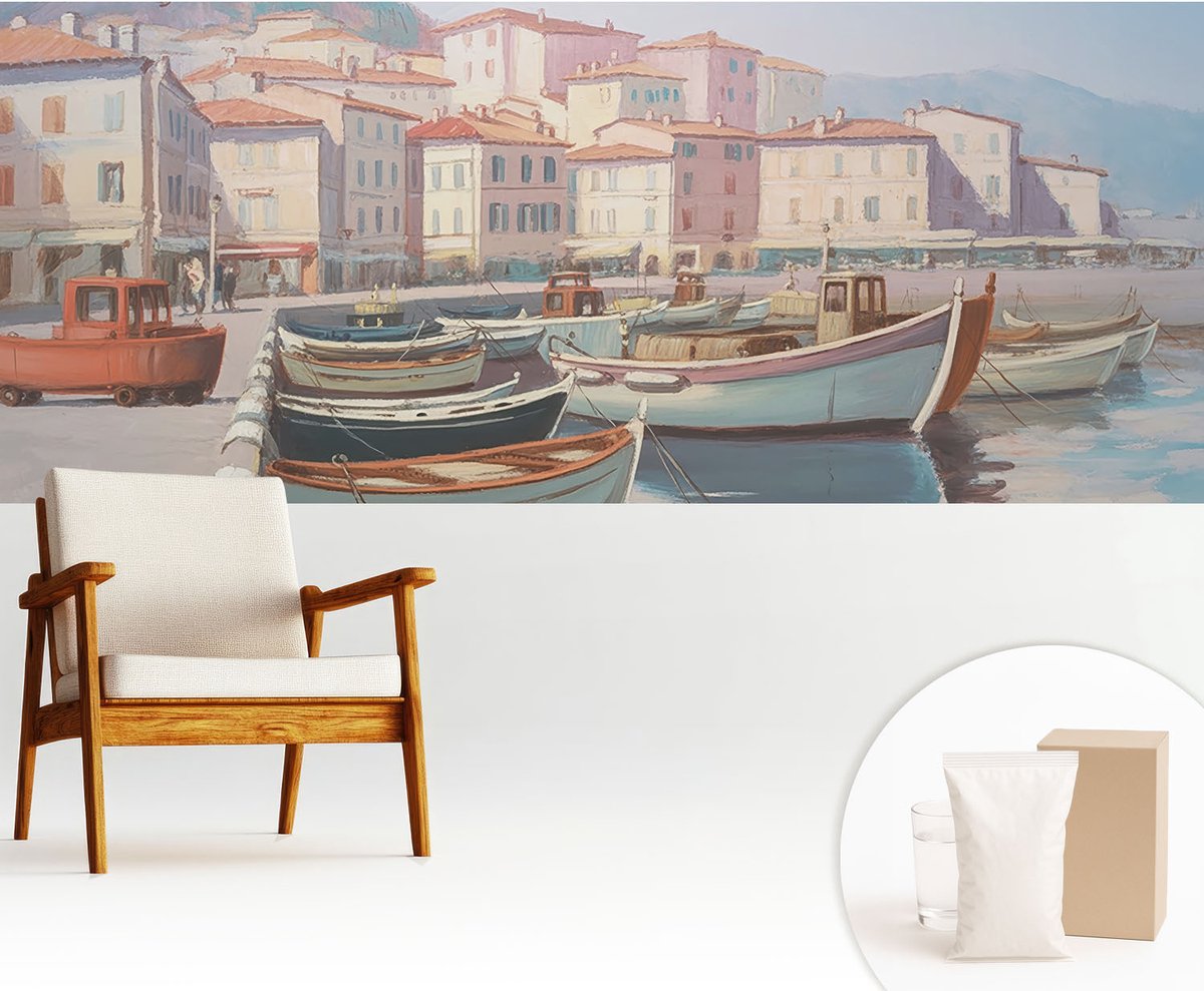 Wallfluent Fotobehang - Beige Vliesbehang - 250x104 cm - Haven Aan Zee Muurschildering - Slaapkamer behang Steden - Fotobehang Vlies - Slaapkamer behang