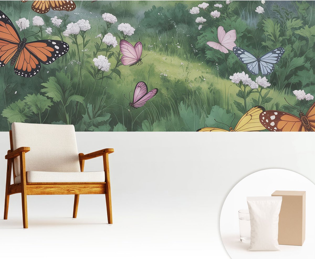 Wallfluent Fotobehang - Groente Vliesbehang - 250x104 cm - Vlinders In De Weide Fotobehang Vlies - Hal behang Bloemen En Planten - Muurschildering - Hal behang