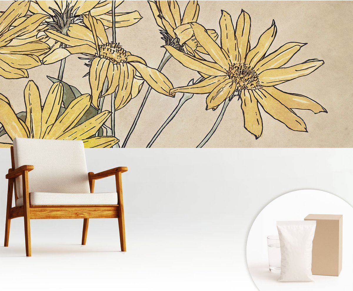 Wallfluent Fotobehang - Wit Vliesbehang - 250x104 cm - Aquarel Bloemen Muurschildering - Gang behang Bloemen En Planten - Fotobehang Vlies - Gang behang