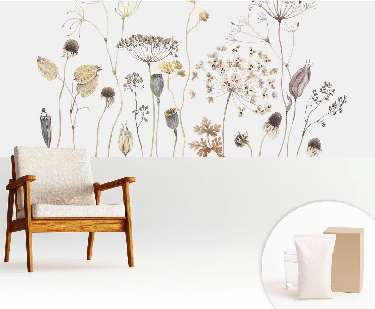 Wallfluent Fotobehang - Beige Vliesbehang - 250x104 cm - Wilde Bloemen Fotobehang Vlies - Hal behang Bloemen En Planten - Muurschildering - Woonkamer behang