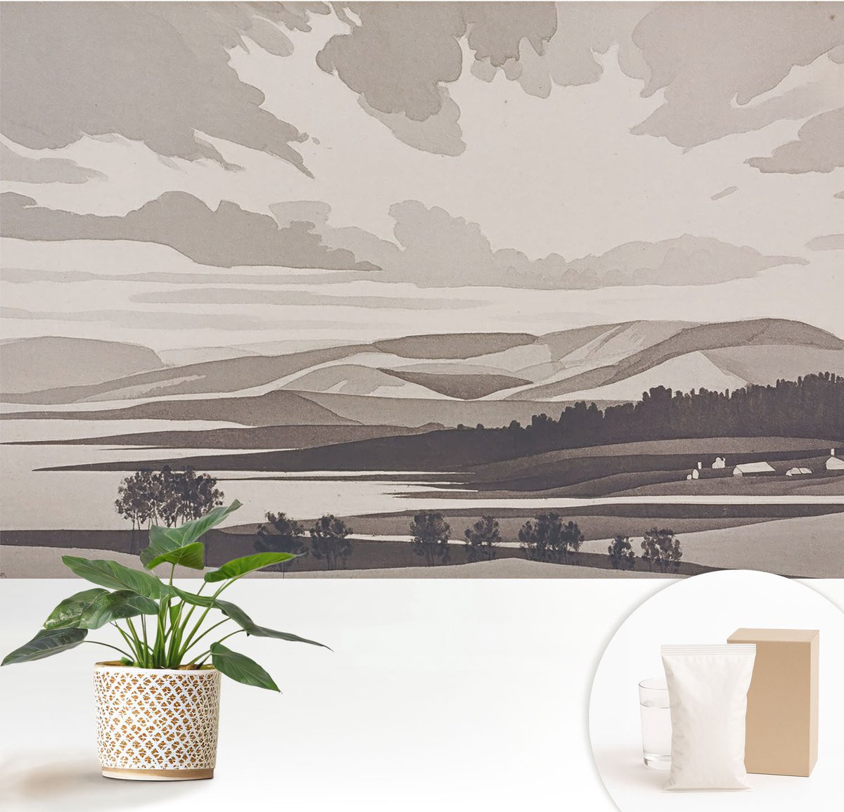 Wallfluent Fotobehang - Grijs Vliesbehang - 152x104 cm - Een Vredig Landschap Fotobehang Vlies - Woonkamer behang Landschappen - Muurschildering - Woonkamer behang