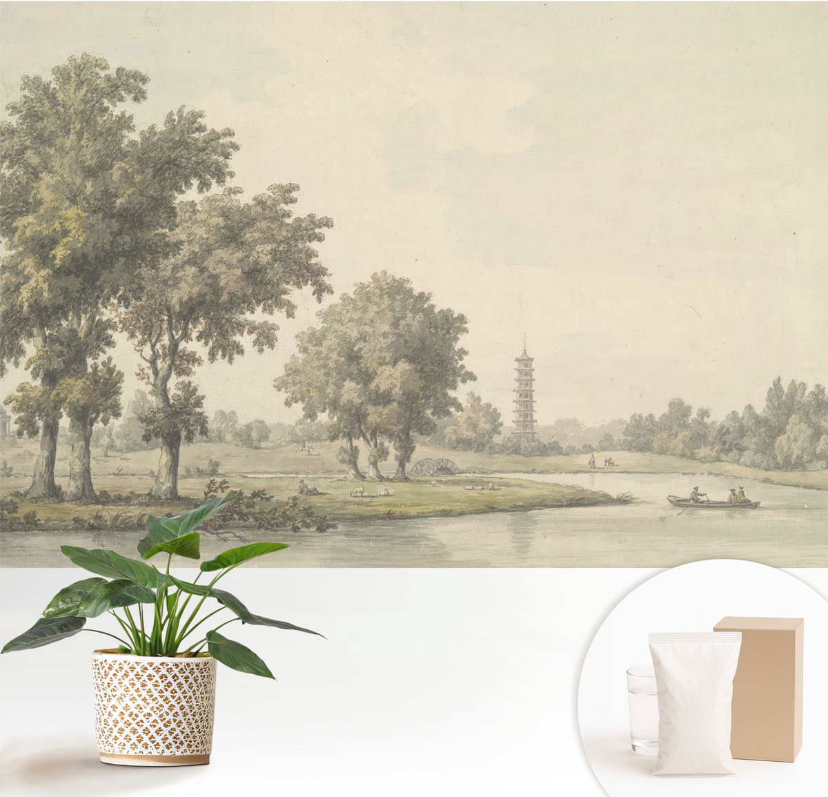 Wallfluent Fotobehang - Grijs Vliesbehang - 152x104 cm - Een Rustig Park Fotobehang Vlies - Woonkamer behang Landschappen - Muurschildering - Woonkamer behang