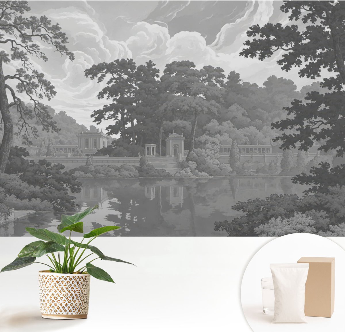 Wallfluent Fotobehang - Zwart-Wit Vliesbehang - 152x104 cm - Natuurlijk Landschap Muurschildering - Gang behang Landschappen - Fotobehang Vlies - Slaapkamer behang