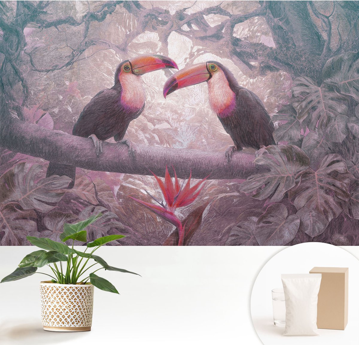 Wallfluent Fotobehang - Roze Vliesbehang - 152x104 cm - Exotisch Stel Fotobehang Vlies - Hal behang Dieren - Muurschildering - Woonkamer behang