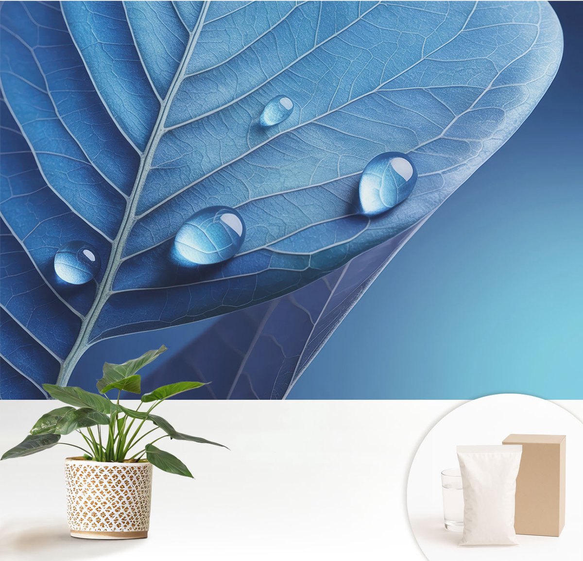 Wallfluent Fotobehang - Blauw Vliesbehang - 152x104 cm - Blauw Blad Muurschildering - Slaapkamer behang Bloemen En Planten - Fotobehang Vlies - Slaapkamer behang