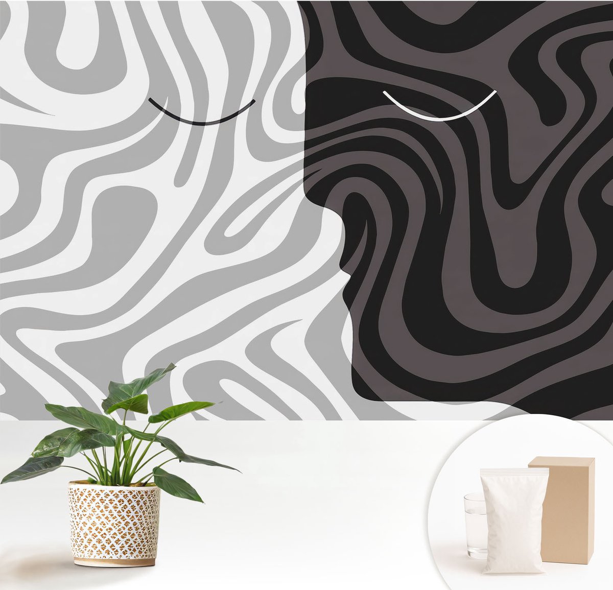 Wallfluent Fotobehang - Grijs Vliesbehang - 152x104 cm - Abstracte Gezichten Fotobehang Vlies - Woonkamer behang Abstractie - Muurschildering - Woonkamer behang