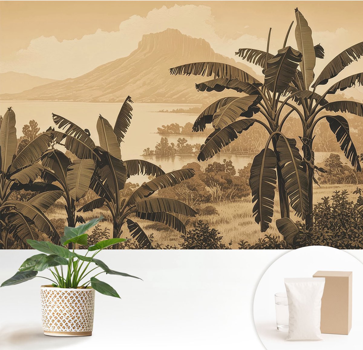 Wallfluent Fotobehang - Beige Vliesbehang - 152x104 cm - Tropisch Panorama Fotobehang Vlies - Woonkamer behang Landschappen - Muurschildering - Woonkamer behang
