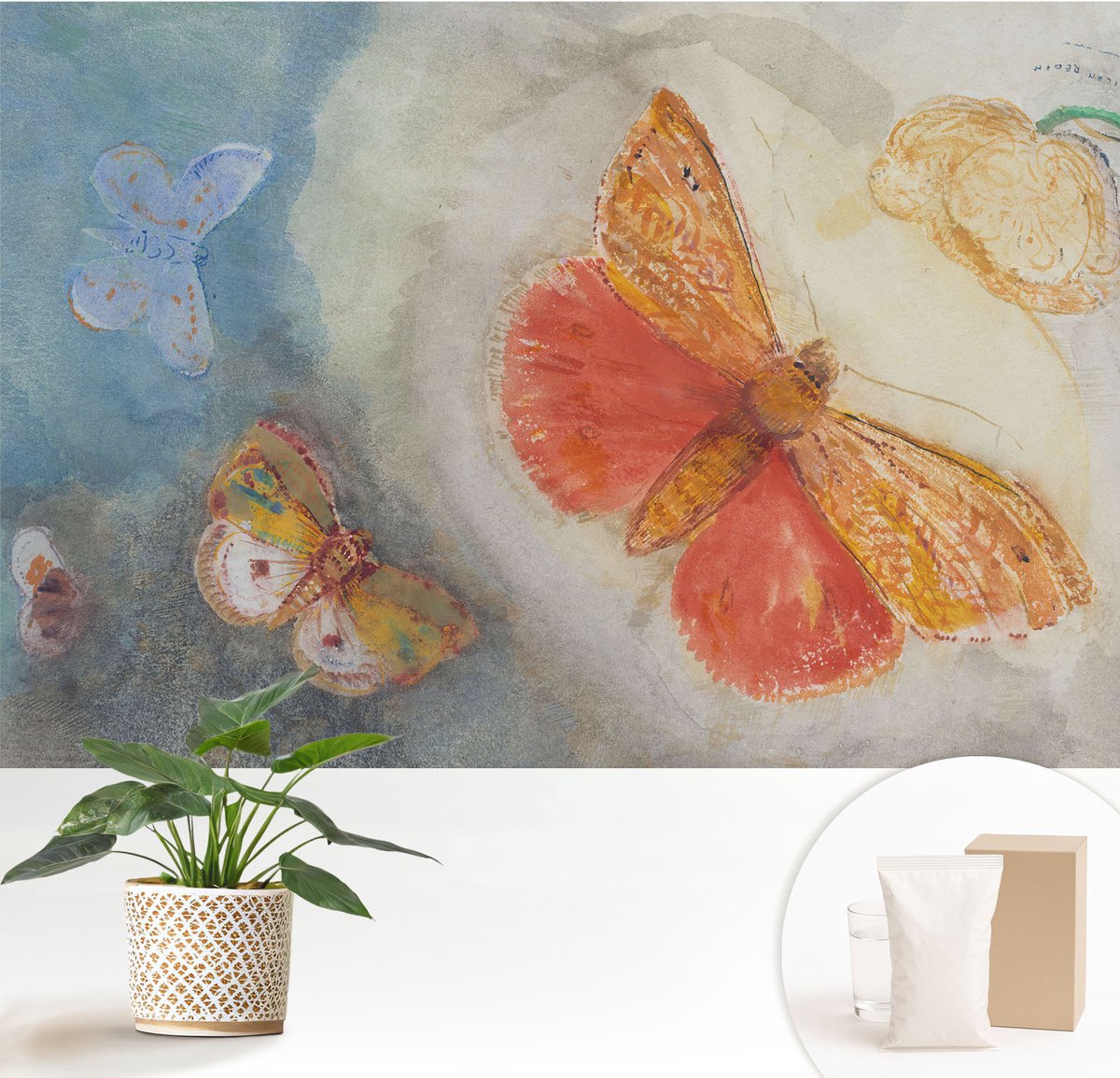 Wallfluent Fotobehang - Oranje Vliesbehang - 152x104 cm - Kleurrijke Vlinders Fotobehang Vlies - Hal behang Deel - Muurschildering - Woonkamer behang