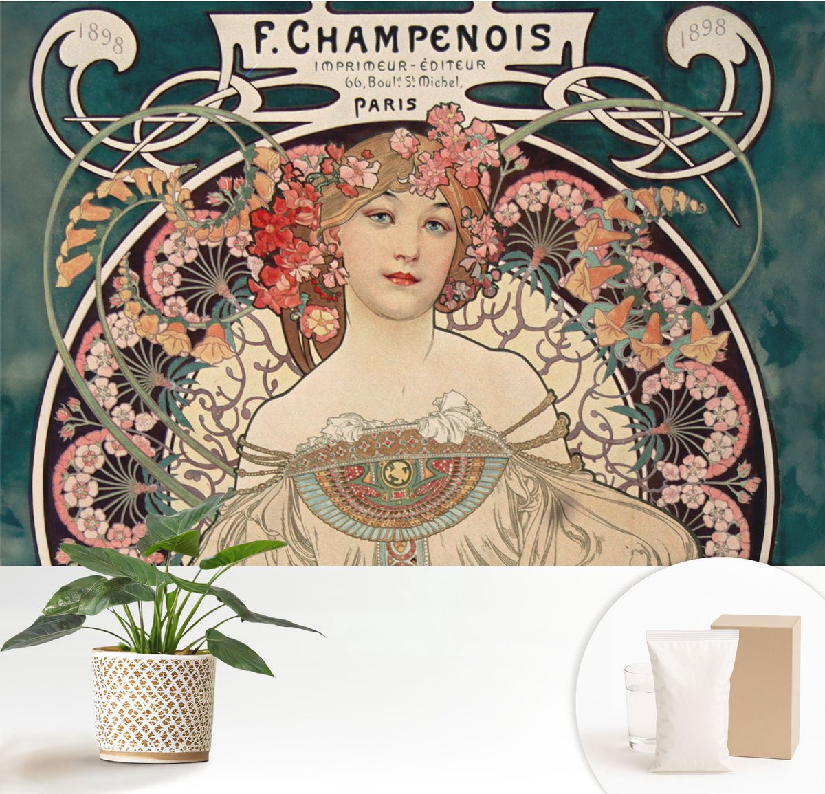 Wallfluent Fotobehang - Grijs Vliesbehang - 152x104 cm - Bloemsymmetrie Muurschildering - Gang behang Deel - Fotobehang Vlies - Slaapkamer behang