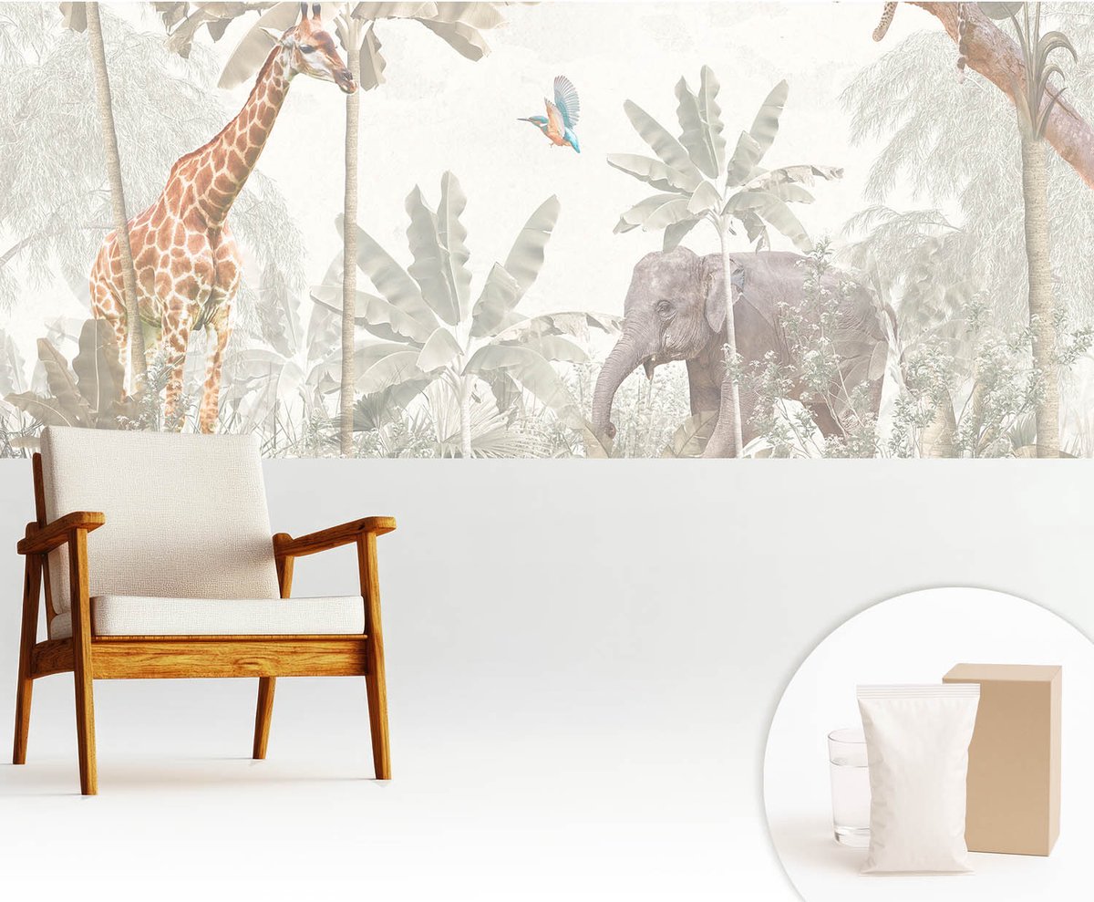Wallfluent Fotobehang - Wit Vliesbehang - 250x104 cm - Tropische Oase Fotobehang Vlies - Hal behang Dieren - Muurschildering - Hal behang