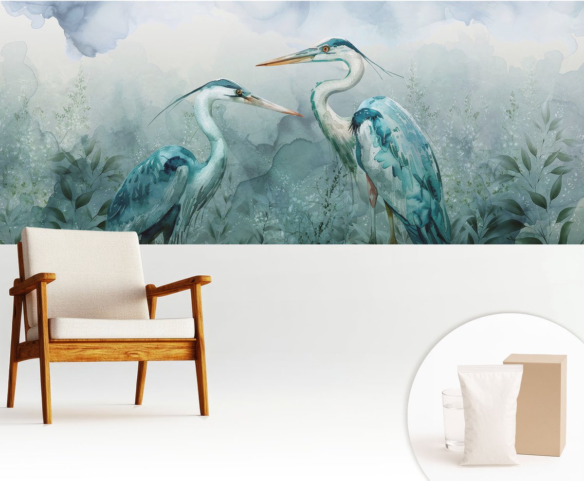 Wallfluent Fotobehang - Blauw Vliesbehang - 250x104 cm - Vogels Van De Natuur Muurschildering - Slaapkamer behang Dieren - Fotobehang Vlies - Slaapkamer behang