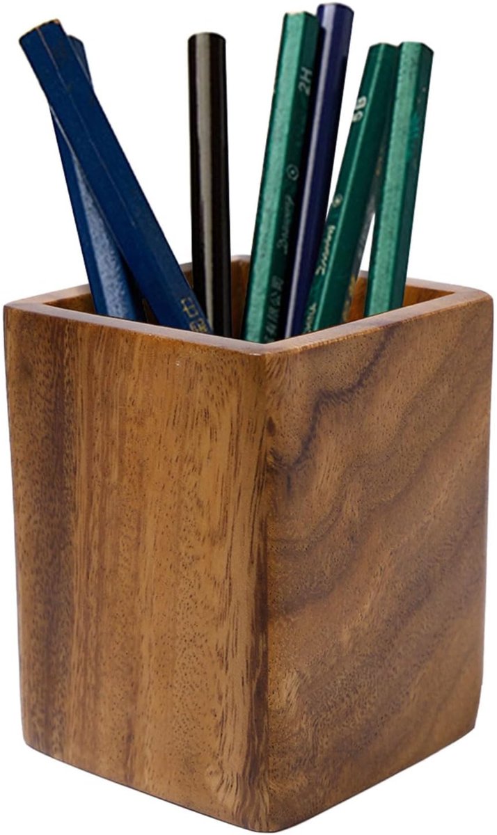 SnelShoppen - Houten Vierkante Walnoten Pennenhouder - Elegante Bureau Organizer voor Kantoor, School, 10 x 8 x 8 cm - Handgemaakt, Stijlvol Design, C