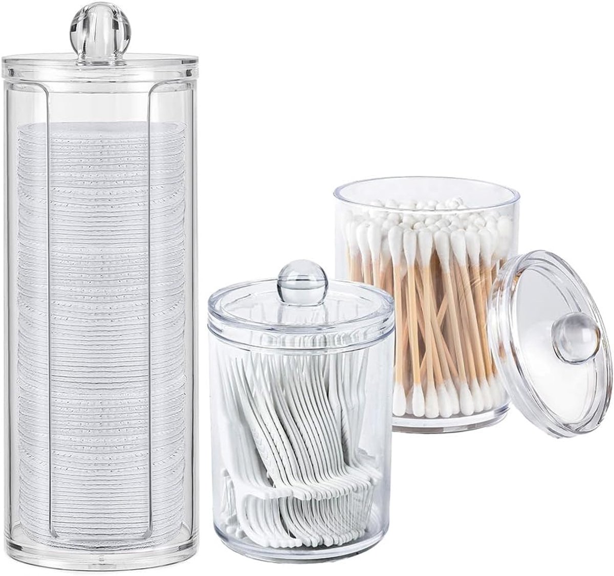 3 stuks wattenschijfjesdispenser, make-uptafel organizer, make-uptafel accessoires, badkamer organizer, wattenschijfjes opbergdoos met deksel, badkamer en slaapkamer make-up opbergsysteem